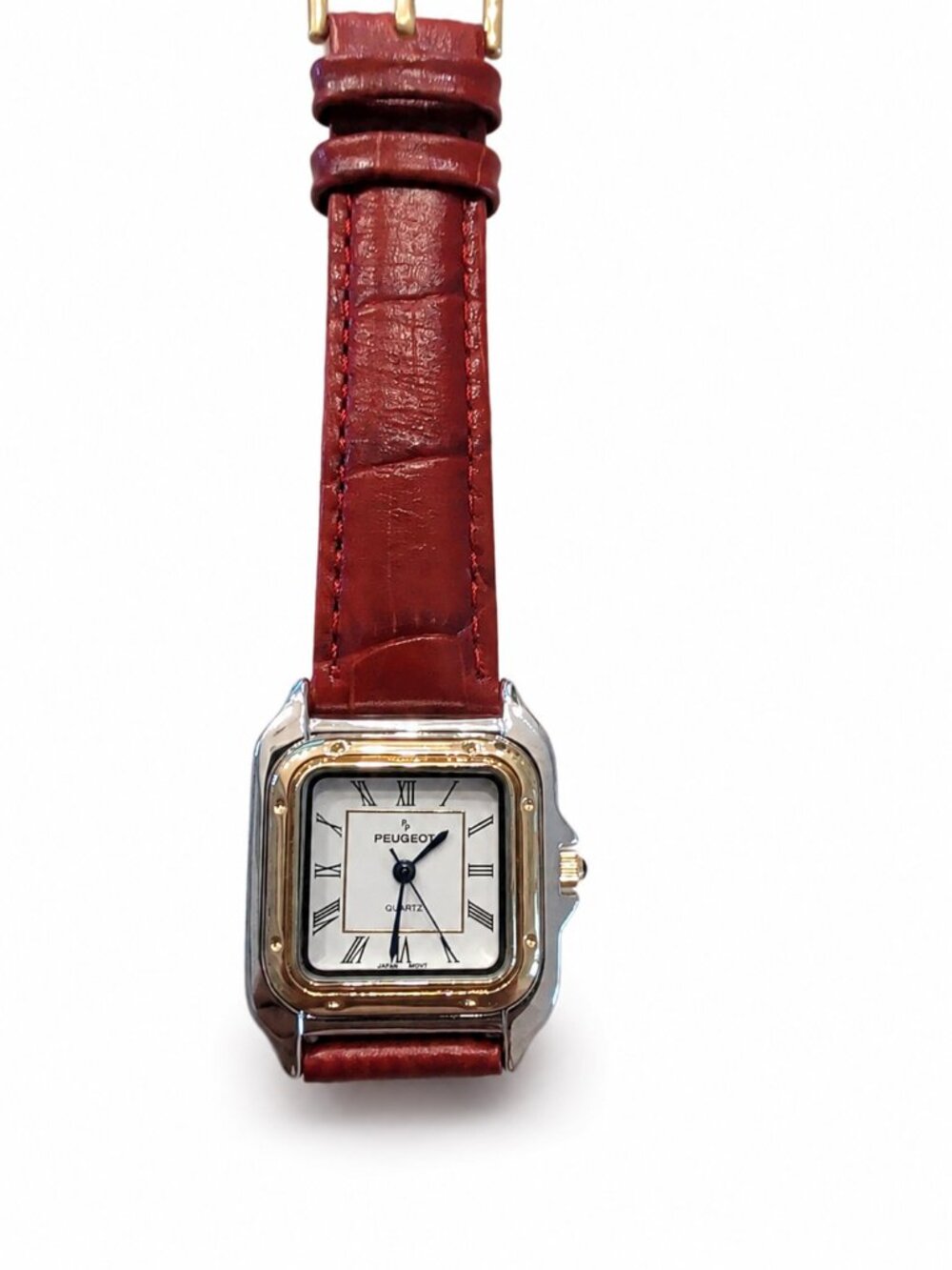 Peugeot 3060 Quartz Watch – Two-Tone Roman Numeral Dial Red Leather Band